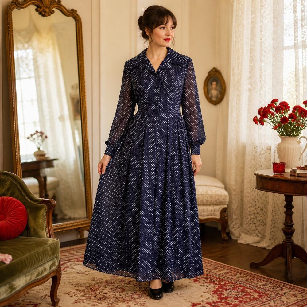 70s Vintage Navy White Polka Dot Maxi Dress, Sheer Long Sleeve Dagger Collar - M